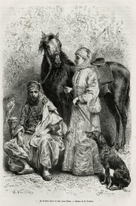 Portretten van Mr. Wilfrid Blunt (1840-1922), dichter en schrijver, en zijn vrouw, Lady Anna Blunt (geboren King Noel (King Noel) 1837-1917), de eerste Europese vrouw die het Midden-Oosten verkende, gekleed in een reiskostuum, voor een van de Arabische paa door Gaston Vuillier