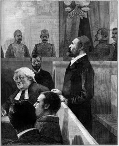 Proces van de Egyptische Arabi Pasha, organisator van de anti-Europese opstand van Alexandrië in juni 1882. Gravure door Vuillier in Le Monde Illustré nr. 1343 van 13 december 1882