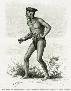 Sibou Mobang, hoofd van de kannibalen. Gravure door G.Vuillier, ter illustratie van het verhaal De Koutei a Bandjirmasin, reis door Borneo, door Carl Bock, in le tour du monde 1890, geregisseerd door Edouard Charton (1807-1890), Hachette, Parijs.