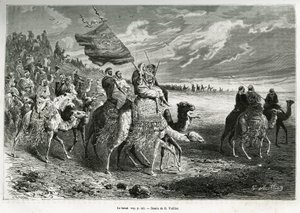 De Berak, de vlag van Emir Ibn Al Rashid (1872-1890) (Saoedi-Arabië). Gravure door G. Vuillier, ter illustratie van het verhaal 