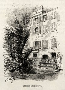 De gevel van het huis Bonaparte, waarin Napoleon Bonaparte (1769-1821) niet is. Gravure en verhaal 