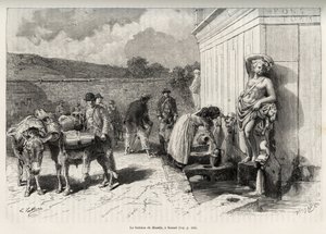 De fontein van de Rossello, in Sassari (Italië). Dagelijkse activiteiten, vrouw vult een kruik en waterdragers met hun ezels vullen hun vaten. Gravure en verhaal 