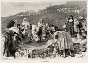 De lavendel van Osilo (Italië), vrouwen verzameld rond het bassin