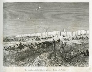 De muren van Meshed Ali (Ali Ibn Abi Talib, overleden in 661, neef, discipel en schoonzoon van Mohammed (570-632)) bevinden zich in de moskee van Najaf (Irak) en de pelgrims verzamelen zich om de eerste en vader van alle imams te vieren. Gravure door G. Vu door Gaston Vuillier