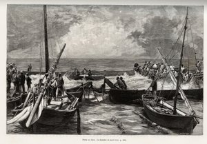 Tonijnvissen (mattanza): de doodskamer, tonijnen worden in een krappe ruimte geperst en bedekt door de harpoenen van de vissers. Gravure en verhaal La Sardaigne door Gaston Vuillier (1845-1915), in 1890, in Le tour du monde, nouveau journal des voyages, on