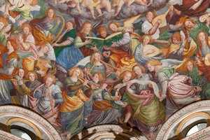 Detail van de Tenhemelopneming van de Heilige Maagd, bekend als "Het koor van engelen die muziek spelen", koepel van het transept, uit 1534 (fresco)