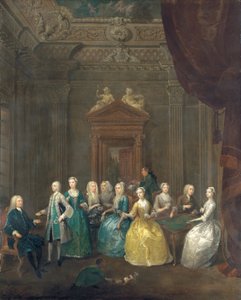 Portret van de familie Porten die thee drinkt in een weelderig interieur