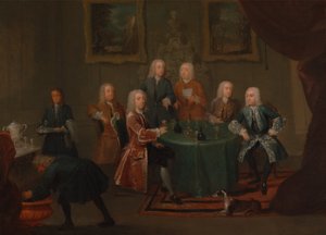 De broers Clarke met andere heren die wijn drinken