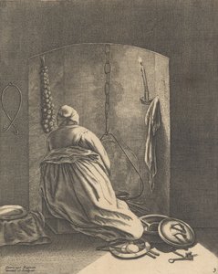 Een vrouw die kookt, plaat 3 uit Vijf vrouwelijke bezigheden, ca. 1640-57 door Geertruydt Roghman