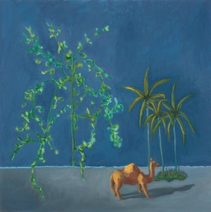 Kameel en twee bomen, 2019 (olieverf op board) door Genevieve French