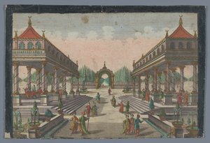 Gezicht op een zuilengalerij richting een cipressentuin te Constantinopel door Georg Balthasar Probst (possibly)