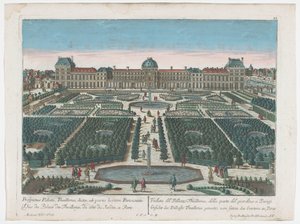 Gezicht op het Palais des Tuileries te Parijs gezien vanaf de Jardin des Tuileries door Georg Balthasar Probst