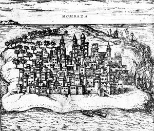 Uitzicht op Mombaza, uit Georg Brauns Civitates orbis terrarum, gepubliceerd in 1572 (detail) door Georg Braun und Franz Hogenberg