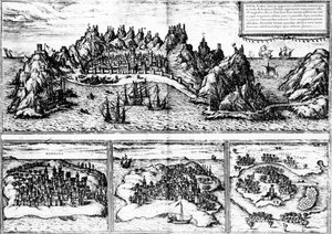 Gezichten van Aden, Mombaza, Quiloa en Cefala, uit Georg Braun