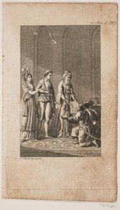 Illustratie met een jong paar met een oosterling en drie knielende Turkse soldaten door Georg Christian Schule