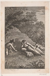 Liggende vrouw met jongen en meisje in een landschap door Georg Christian Schule