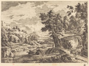 Landschap met een brug en drie boerderijen