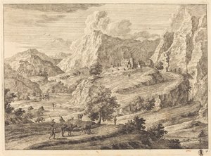 Bergachtig Landschap met Figuren en een Klooster