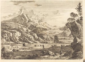 Bergachtig Rivierlandschap met Figuren