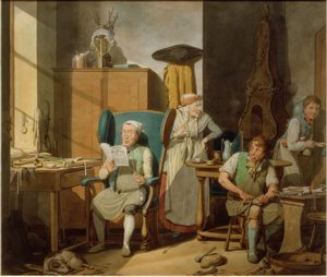 Schoenmakersfamilie in de werkplaats door Georg Emanuel Opitz