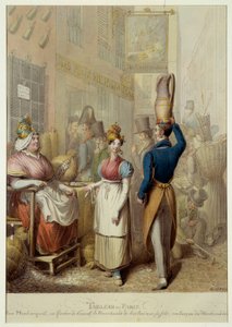 Tableau de Paris: rue de la rue Montorgueil en café-restaurant Le Rocher de Cancale in Parijs. door Georg Emanuel Opitz