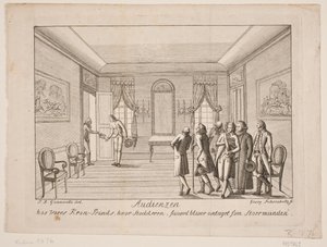 Deens: Titel koper. De audiëntie bij onze kroonprins, waar de bastaard wordt geaccepteerd als de grote man door Georg Fahrenholtz