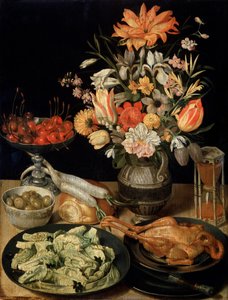 Stilleven met bloemen en snack, ca. 1630-1635