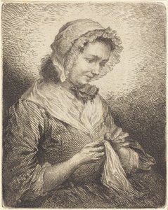 De vrouw van de kunstenaar aan het naaien door Georg Friedrich Schmidt