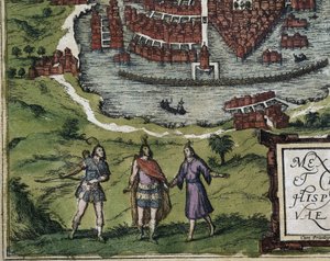 BRAUN, George (1541-1622). ORTELIUS, Abraham (1527-1598). HOGENBERG, Franz (1535-1590). Civitatis Orbis Terrarum (Theatrum orbis terrarum). 1572-1617. Mexico-Stad (1576). Detail met Azteken. Gravure. SPANJE. CASTILIË EN LEÓN. Salamanca. Universiteit van Sa