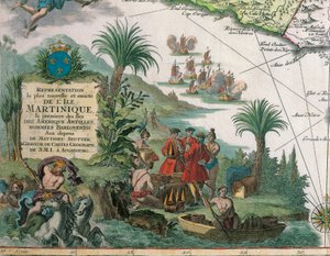 Kaart van Martinique gemaakt door Matthieu Seutter, details: Handelaren en Inheemse Amerikaanse Indiaan door Georg Matthäus Seutter