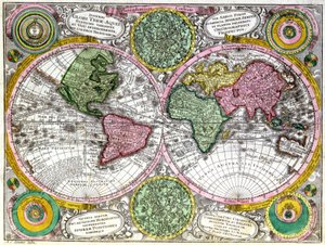 Kaart van de wereld en hemels planisfeer door Georg Matthäus Seutter