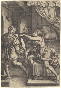 Jozef loopt weg van Potifars vrouw, die zijn mantel met beide handen vastgrijpt terwijl ze..., 1546