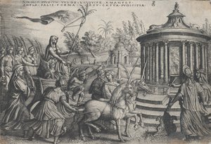 De triomf van kuisheid op liefde, uit de triomfen van Petrarca door Georg Pencz