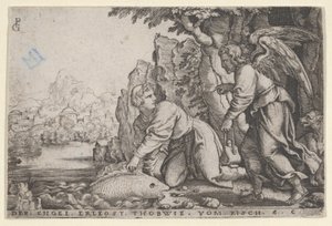 Tobiolus vangt de vis, uit Het verhaal van Tobias door Georg Pencz