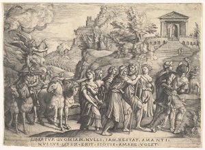 Triomf van de liefde: vier paarden trekken een wagen met Cupido staand op een rokend platform, ca. 1539