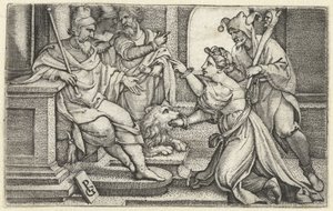 Vrouw verklaart onder ede haar onschuld door Georg Pencz