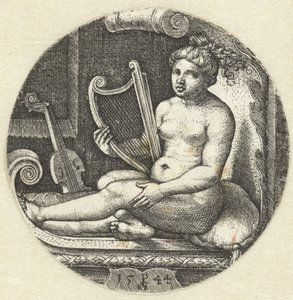 Zittende naakte vrouw met een harp