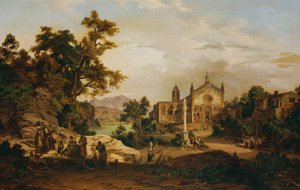 Italiaans landschap met pelgrims door Georg Petzolt