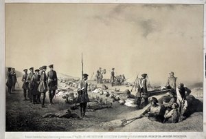 Grootvorsten Nikolai Nikolaevich en Michael Nicolaevich bezoeken een redoute na een aanval op 12 februari 1855