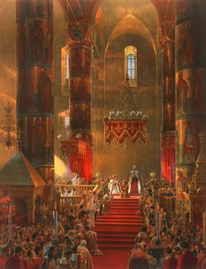 De Metropoliet knielt bij de kroningsceremonie van Tsaar Alexander II, Moskou, 1856 door Georg Wilhelm Timm