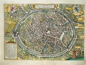 Kaart van Brugge, België, uit Civitates Orbis Terrarum door Georg Braun en Franz Hogenberg, Keulen, gravure