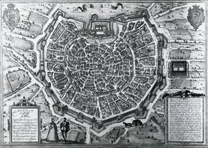 Stadskaart van Milaan, 1572, door Antonio Lafreri, gepubliceerd door Georg Braun en Franz Hogenberg, Italië