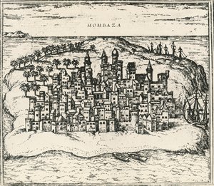 Stad Mombasa in Kenia, gravure uit Civitates Orbis Terrarum