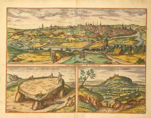 Dolmen bij Poitiers en stad Poitiers en Montherre uit Civitates Orbis Terrarum door Georg Braun door Georg Braun and Hogenberg Franz