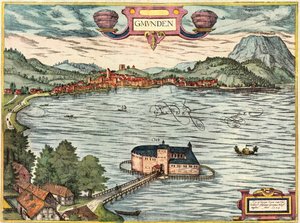 Gmunden, Oostenrijk door Georg and Hogenberg Franz (1535 90) Braun