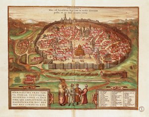 Israël en Palestina, Stad Jeruzalem, door Georg Braun en Franz Hogenberg, uit Civitates Orbis Terrarum, kleurengraving door Georg Braun and Hogenberg Franz