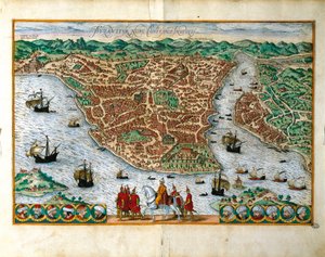 Italië, Milaan, Perspectief van de stad Constantinopel door Georg Braun and Hogenberg Franz