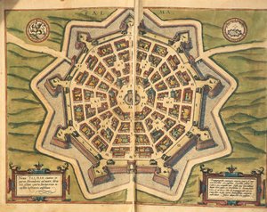 Italië, Palmanova, kaart, gravure uit Civitates Orbis Terrarum