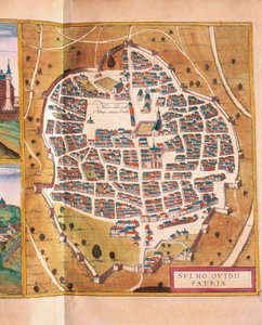 Italië, Sulmona, De stad Sulmona uit Civitates Orbis Terrarum door Georg Braun en Franz Hogenberg, gravure door Georg Braun and Hogenberg Franz