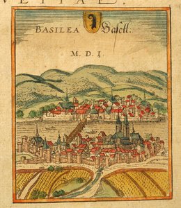 Kaart van Basel uit Civitates Orbis Terrarum door Georg Braun and Hogenberg Franz